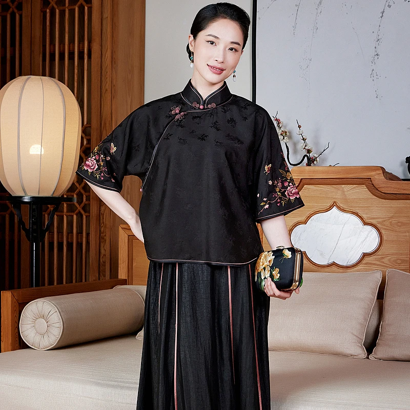 【拂花风絮】桑蚕丝提花香云纱复古黑色中式日常刺绣唐装上衣W25719