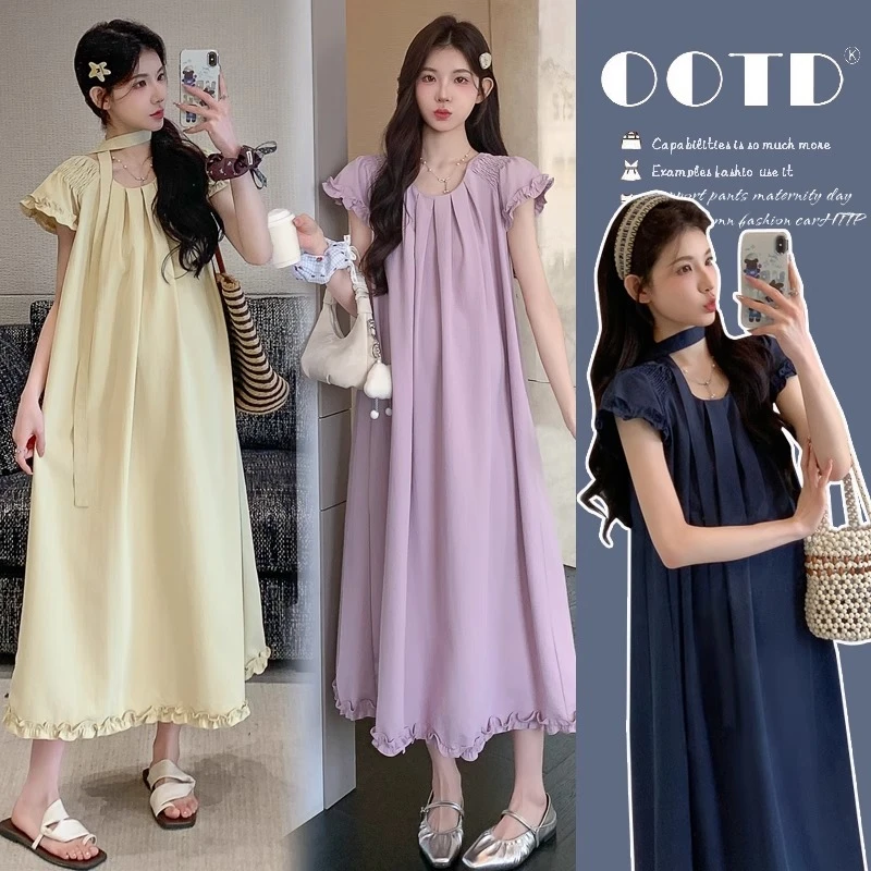 孕妇连衣裙2025新款孕妈高级穿搭法式宽松小飞袖长裙夏季孕妇裙子