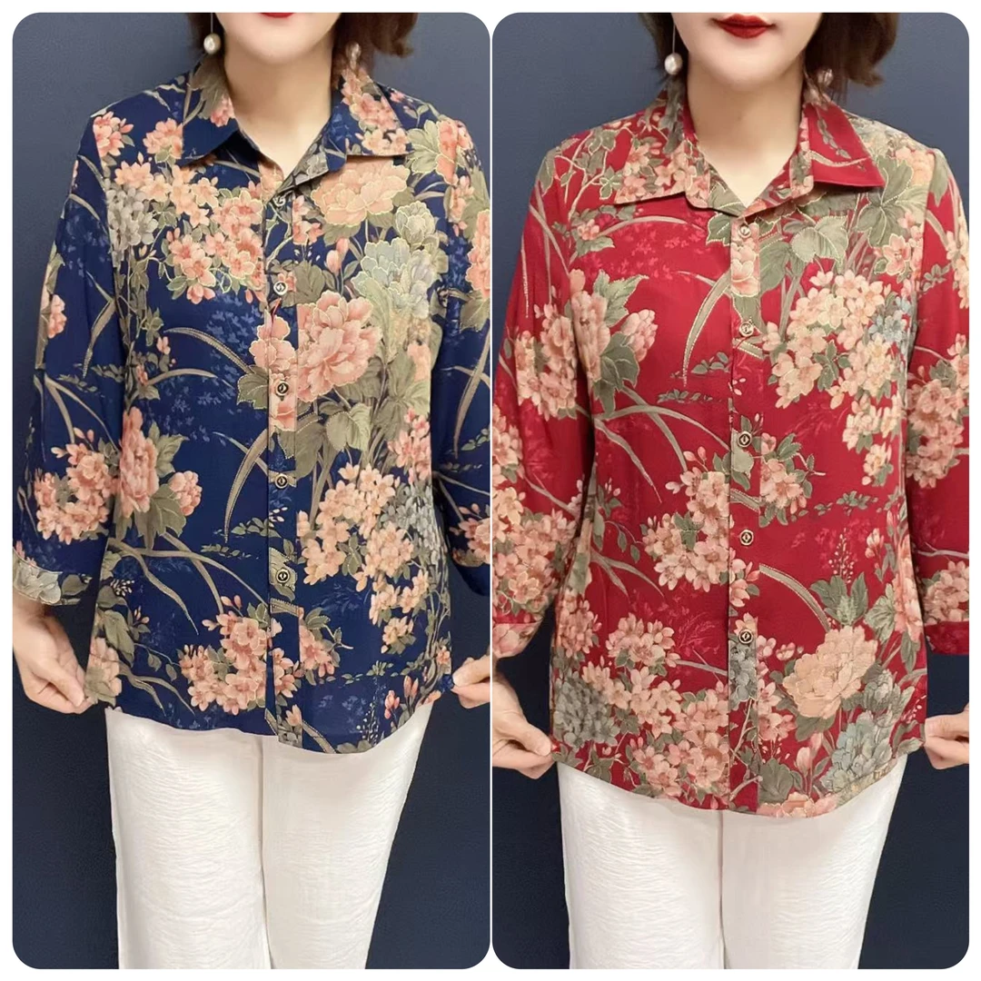 226#夏季妈妈装气质轻薄印花翻领8分袖衬衫