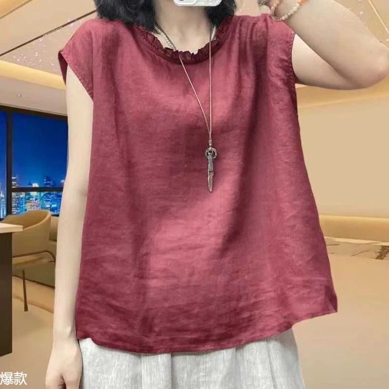 2025年夏季新款文艺宽松木耳花边圆领无袖棉麻衬衫女休闲小衫上衣