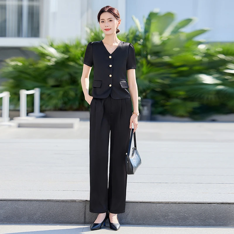 薄款无领西装套装女夏季新款高级感短袖西服小个子短款外套黑9780
