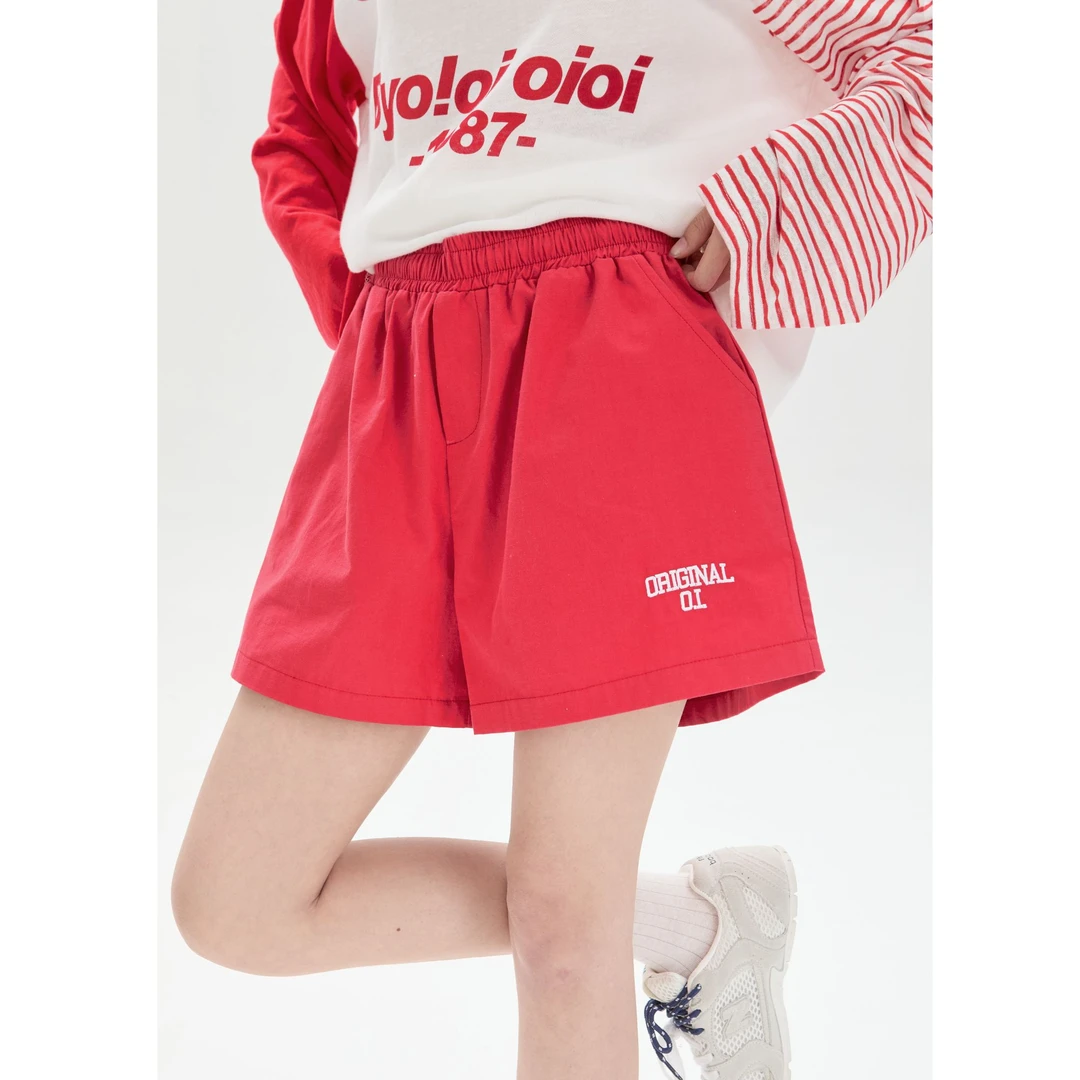 byo!oi OIOI夏季新款刺绣甜辣女红色休闲短裤多巴胺工装短裤纯棉