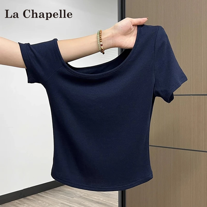 拉夏贝尔纯欲露肩微胖t恤短袖女夏季新款设计感显瘦修身气质上衣
