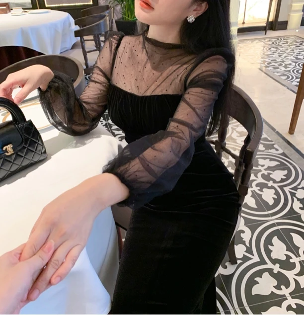 魅鹊 163 （暗夜缪斯）法式轻奢复古修身显瘦小黑裙丝绒连衣裙