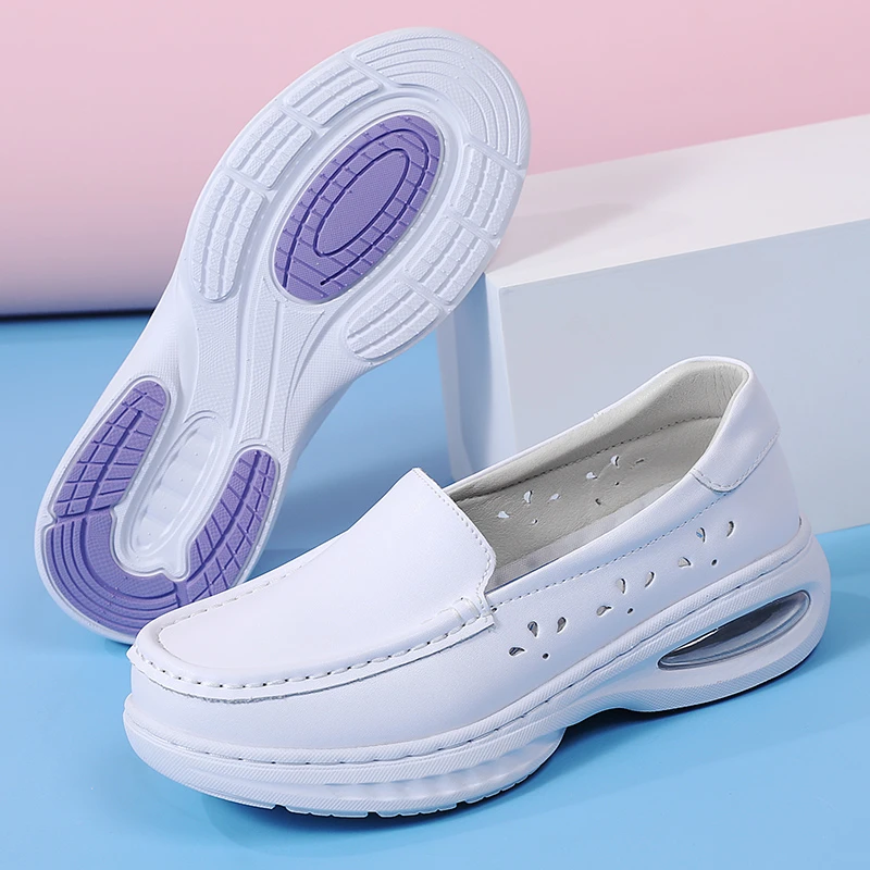 伊陌鸟护士鞋防滑单鞋舒适减压护士鞋坡跟白色休闲鞋软底平底运动