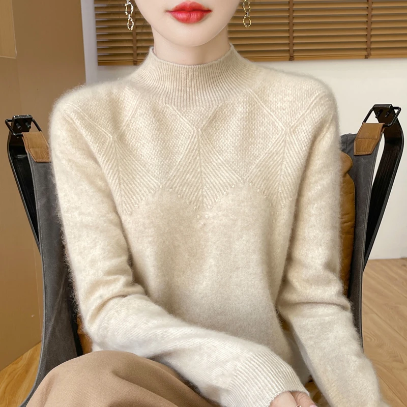 一线成衣半高领羊绒衫女100纯羊绒秋冬宽松毛衣短款针织打底衫女