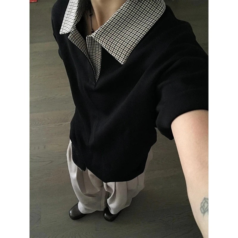 千鸟格黑色翻领t恤男上衣重磅硬挺polo衫短袖美式高级感正肩半袖