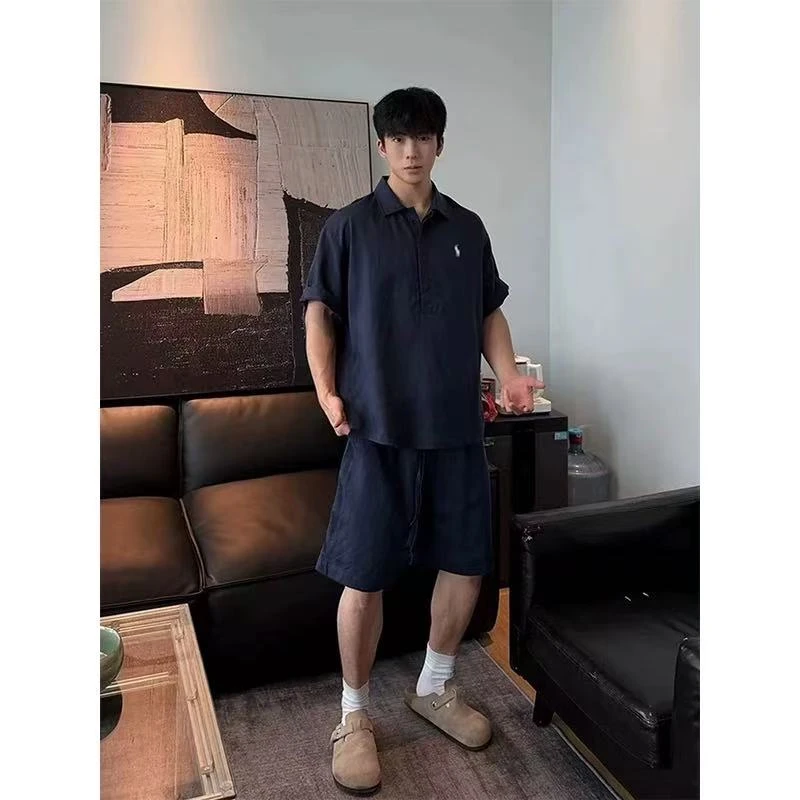 2025夏季爆款老钱风马标极简轻奢亚麻POLO衫短袖短裤套装男两件套
