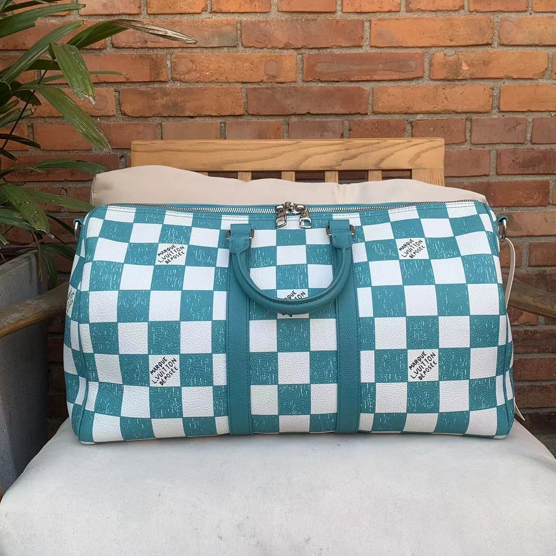 95新 LouisVuitton/路易威登 keepall45旅行袋21限定湖水蓝棋盘格