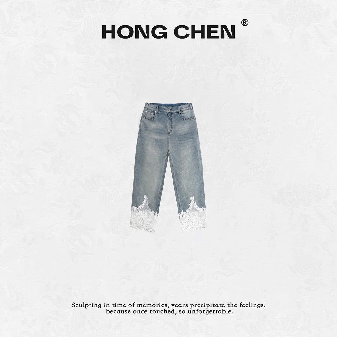 【虹辰】高端时尚优雅蕾丝勾花气质百搭高级感休闲牛仔九分裤HC2511
