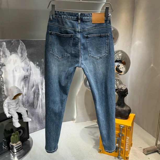 高端潮流男微锥小脚弹力水洗百搭九分半春季牛仔裤蓝色休闲微中弹