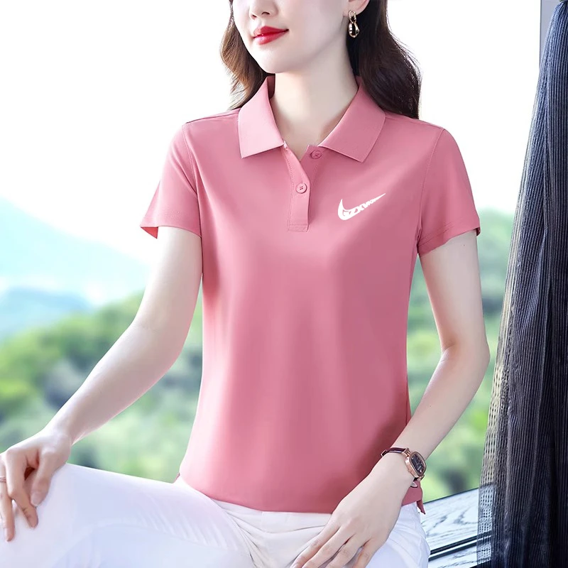 品牌冰丝短袖t恤女2025新款夏季妈妈polo衫上衣宽松速干翻领体恤