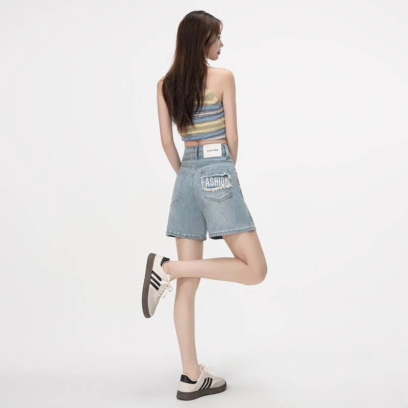 2025新款夏季高腰窄版牛仔短裤女潮流百搭四分裤破洞刺绣8336