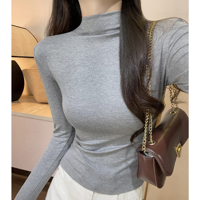 花灰半高领纯色打底衫女2025早秋新款高级感修身显瘦百搭上衣ins