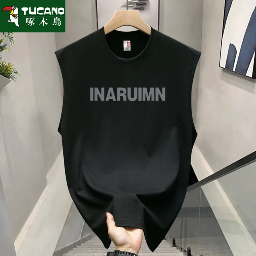 啄木鸟男士纯棉无袖体恤百搭夏季韩版宽松半袖圆领上衣印花白t恤