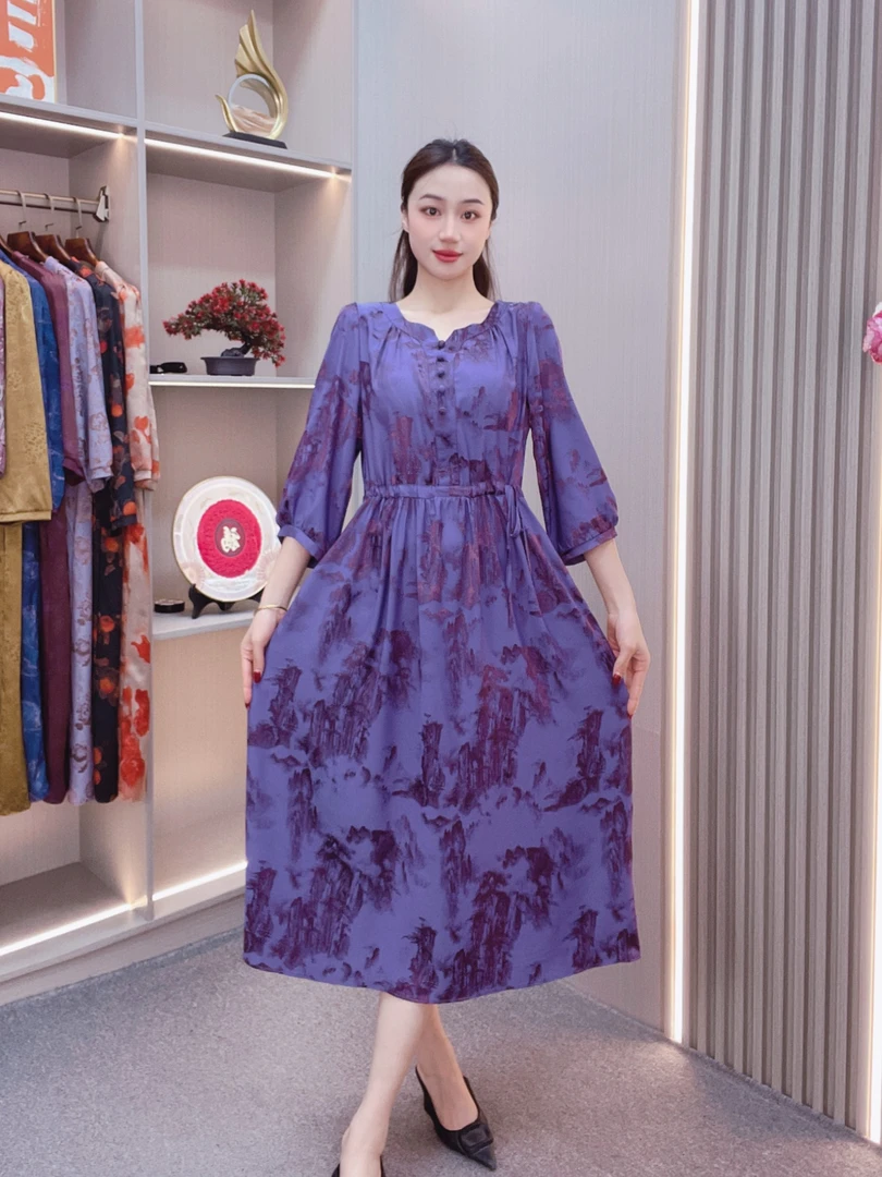 妈妈装连衣裙新款中长款女装高端女装【紫霞】h