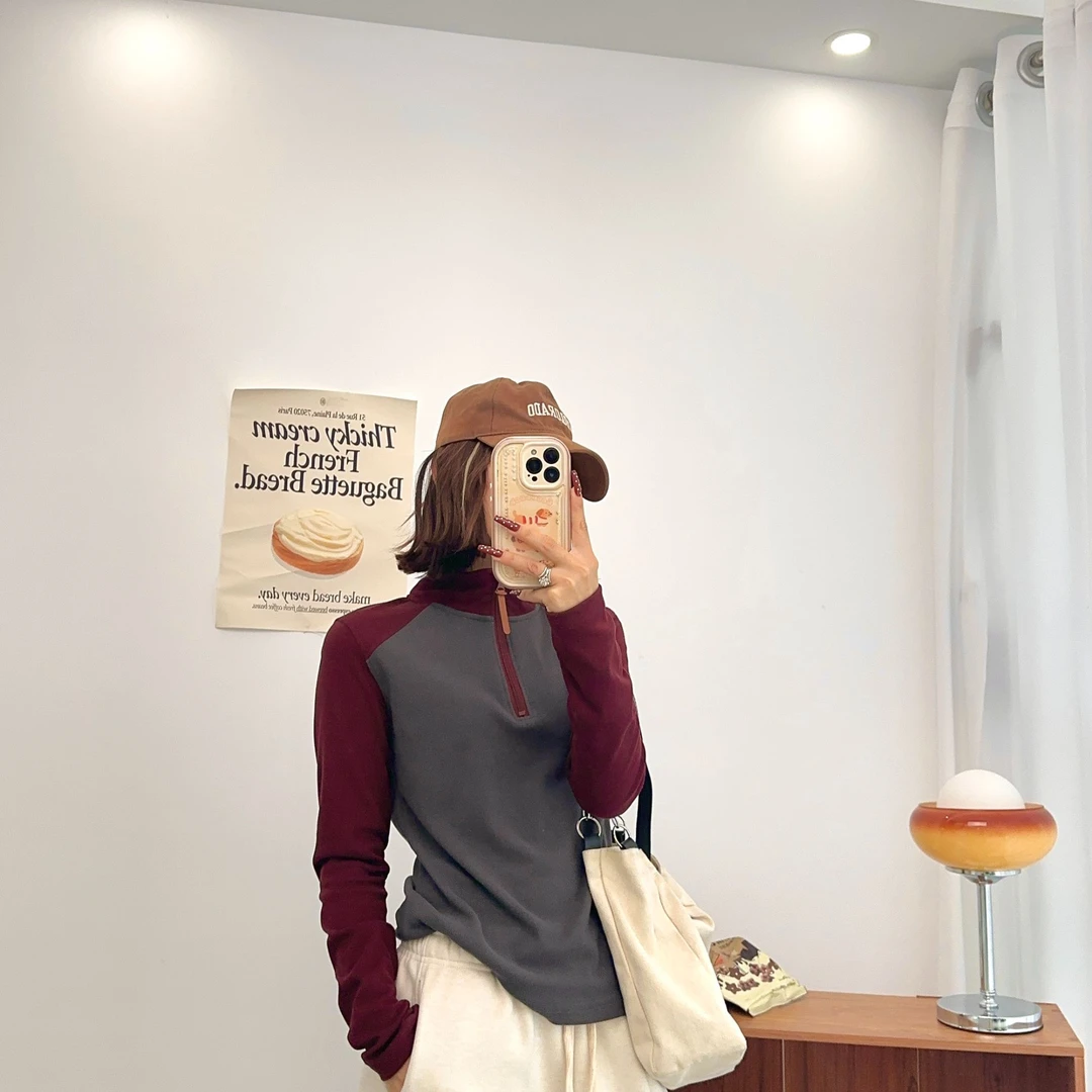 立领半拉链拼色长袖打底衫