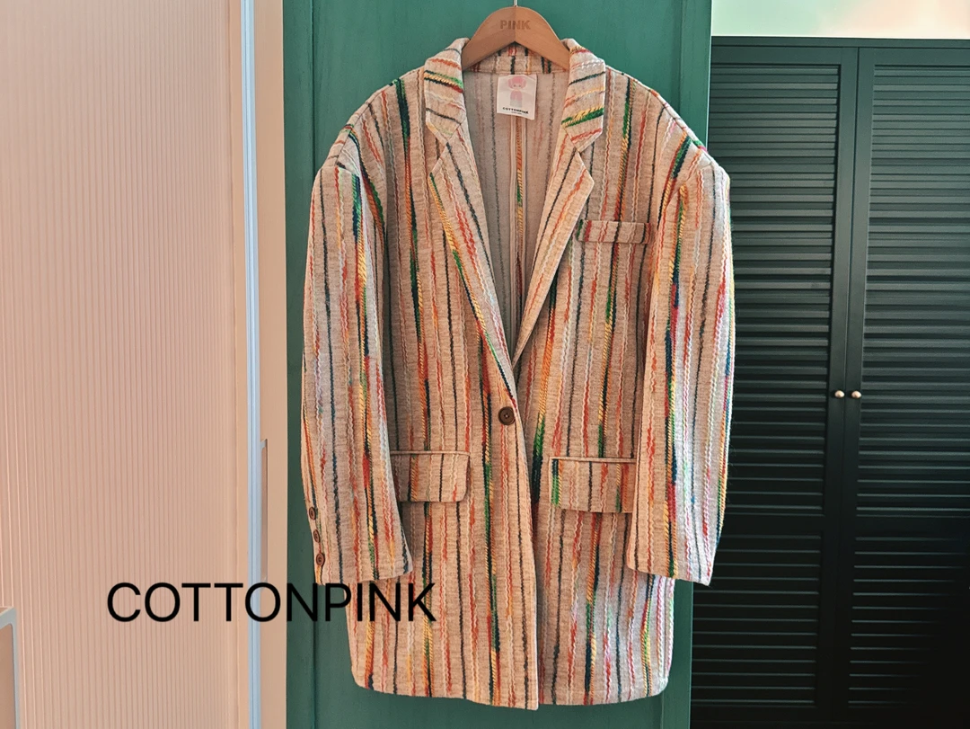 COTTONPINK设计师款重工条纹外套休闲韩版气质宽松西装领大衣女