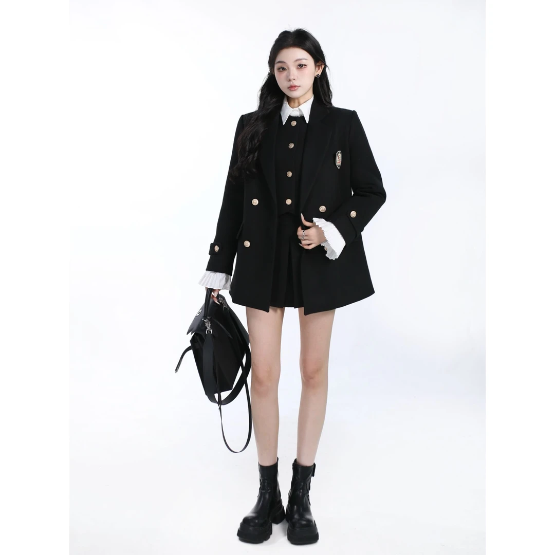 青！夹棉毛呢【海归千金】冬款宽松显瘦女英伦学院风套装