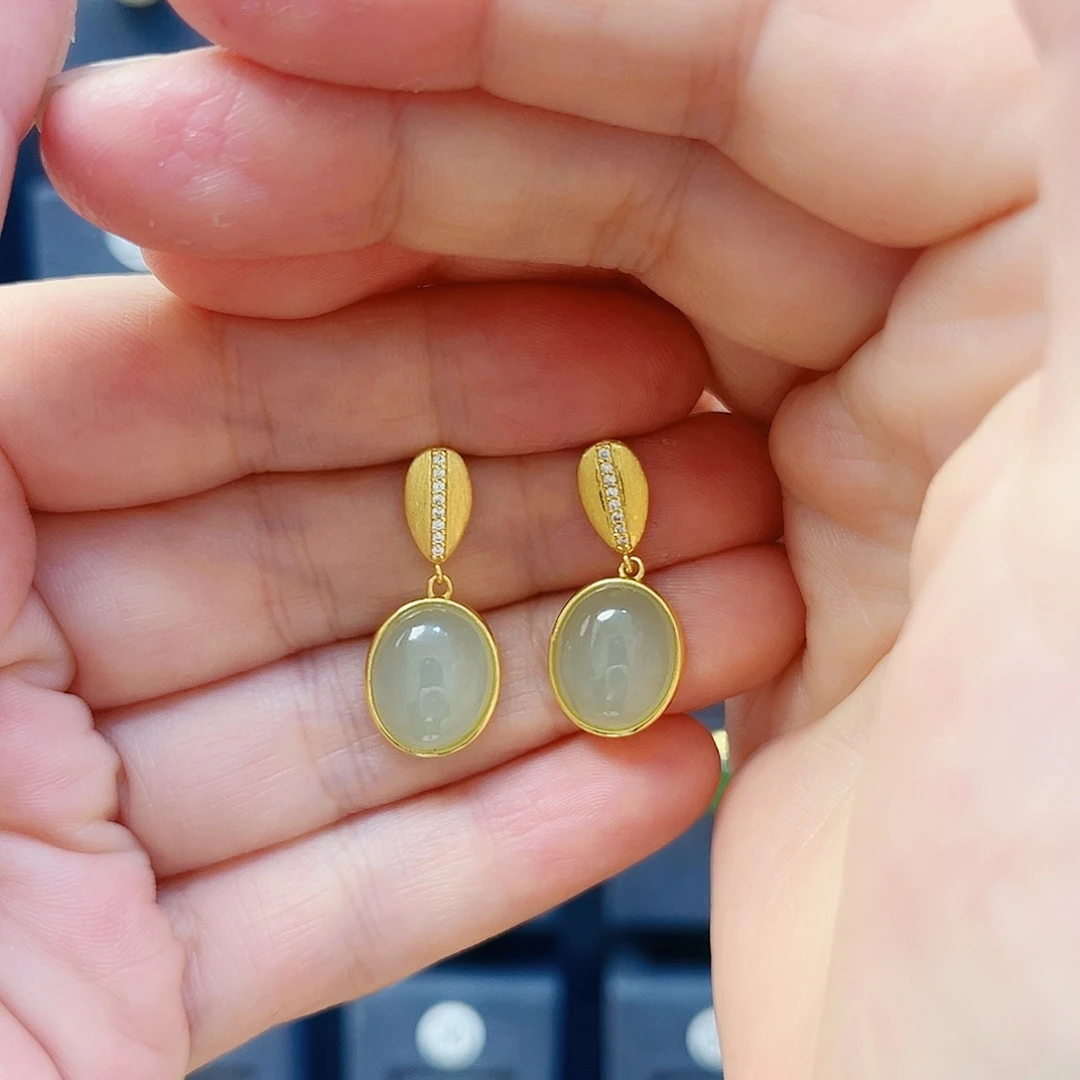 和田玉银S925镀金镶嵌耳饰