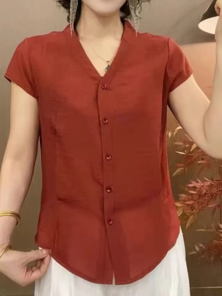 2025夏季新款妈妈装短袖V领气质纯色扣子百搭显瘦时尚气质上衣65