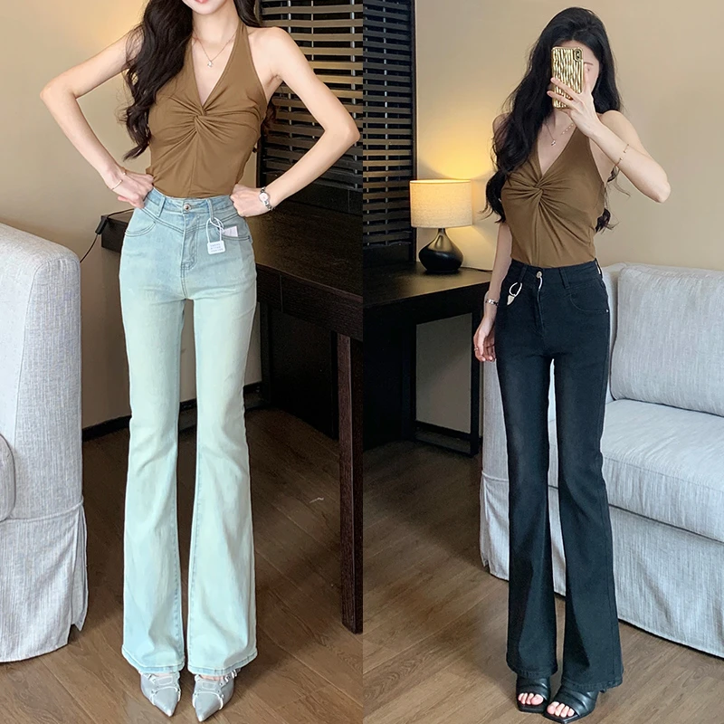 微喇牛仔裤女2025年春夏新款高腰修身显瘦小个子浅色马蹄喇叭裤子