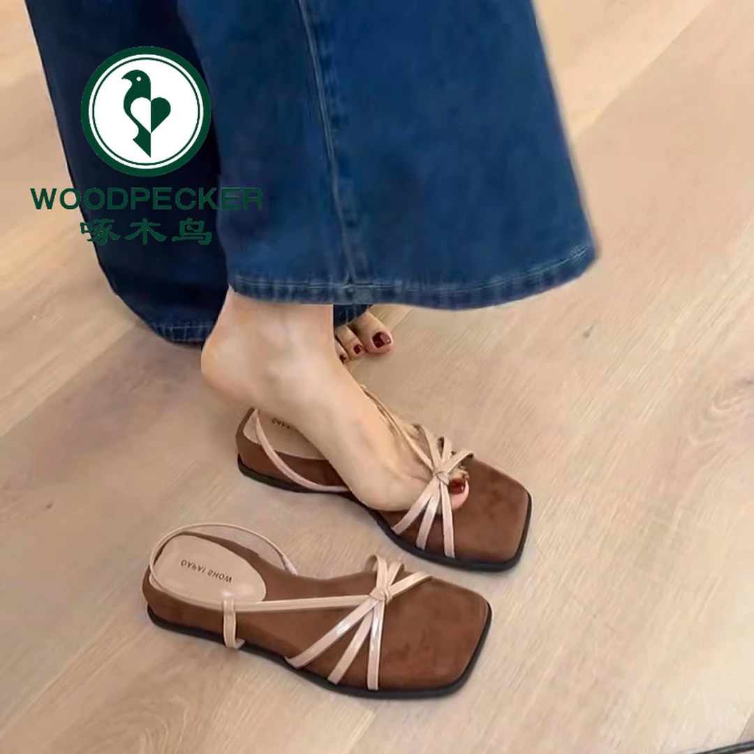 啄木鸟法式厚底露趾凉鞋女夏新款后绊带百搭方头软底鞋罗马凉鞋女
