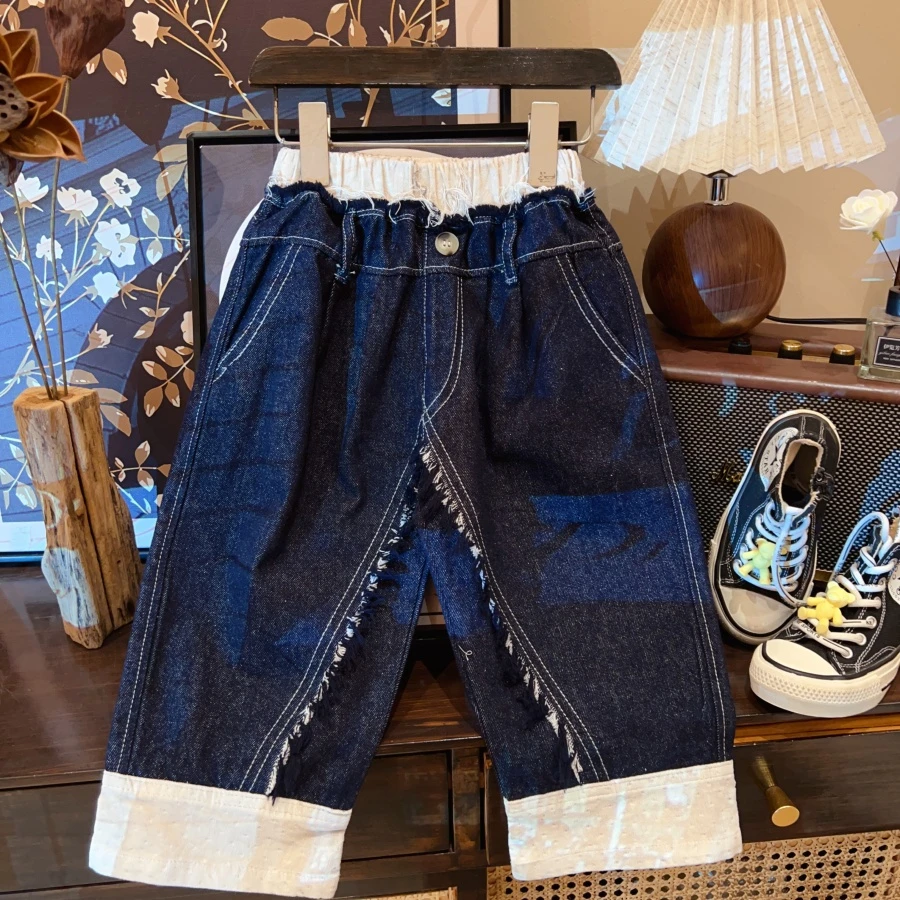 HHkids儿童牛仔裤2025新款韩版炸街裤子时尚拼接阔腿长裤GKZ252