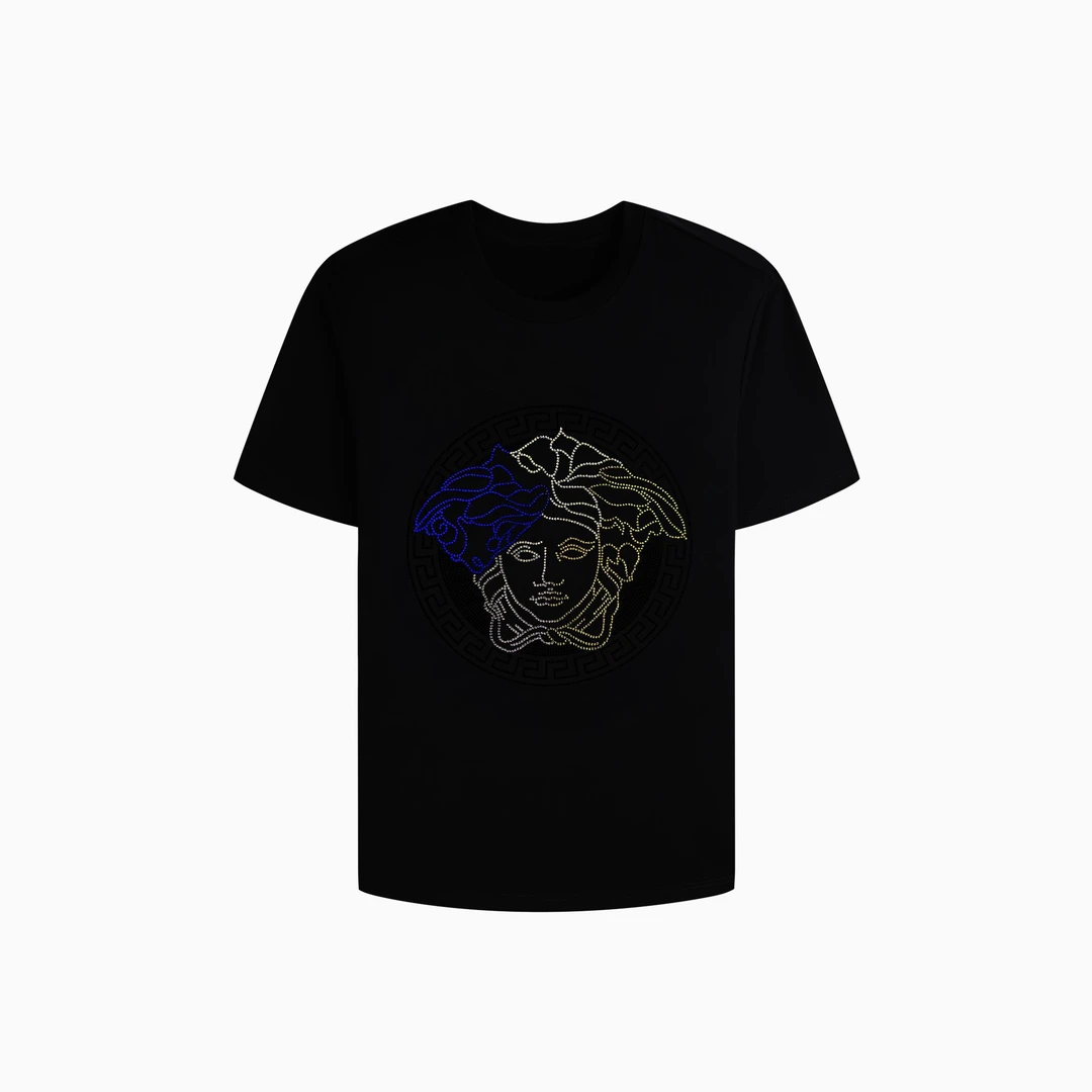 Lupit夏季新款轻奢时尚短袖烫钻T恤宽松百搭圆领镶钻男款黑色