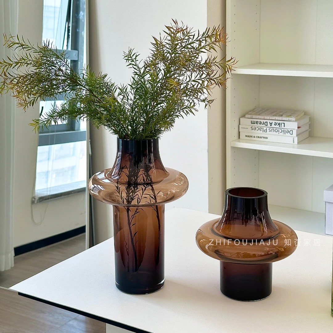 中古茶色小蛮腰花瓶高级感客厅插花装饰玻璃花器样板间设计感摆件
