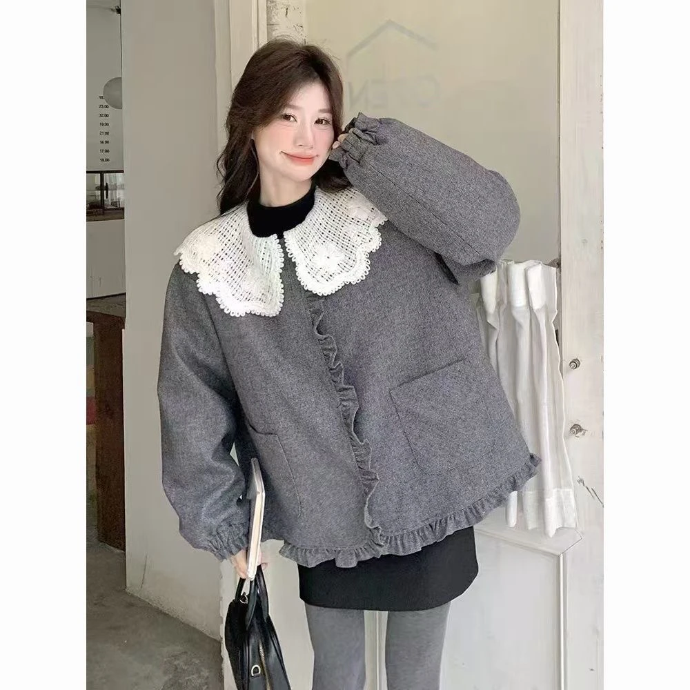 女春季法式常规纯色娃娃领短外套时尚系带镂空荷叶花洋气夏季