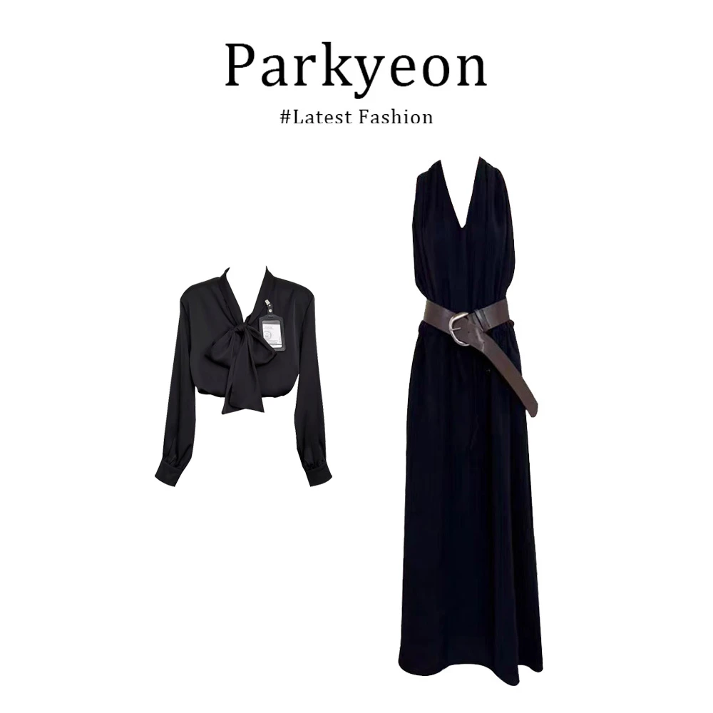 parkyeon辣妹黑色V领挂脖连衣裙女夏季气质收腰显瘦无袖A字裙两件