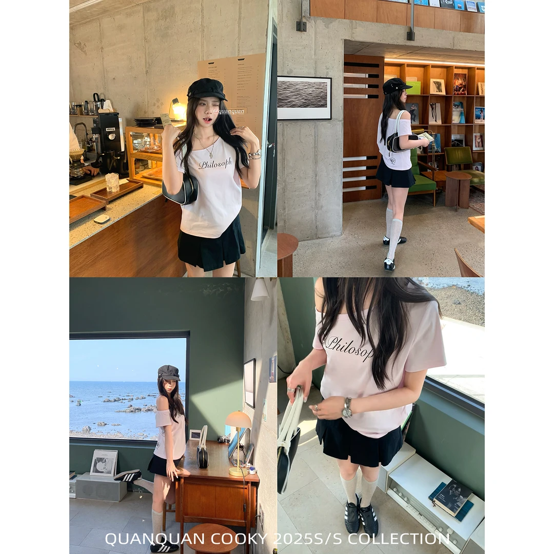 圈圈cooky 绯闻女孩 夏日露肩百搭休闲字母斜肩短袖女T恤L0889T