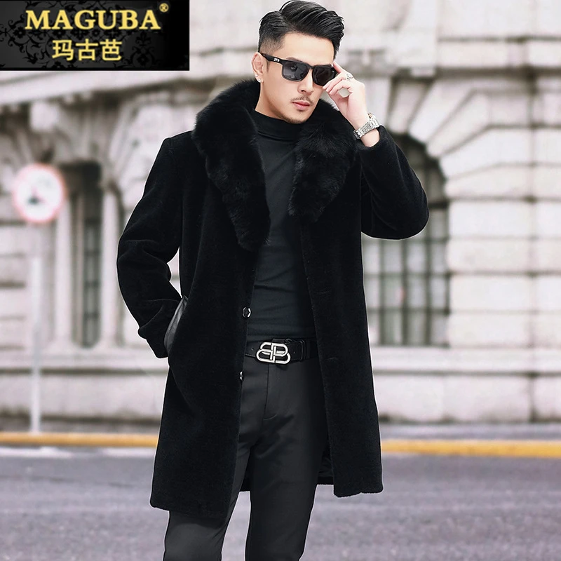 玛古芭冬季新款男士纯羊毛大衣长款狐狸毛领外套商务男装