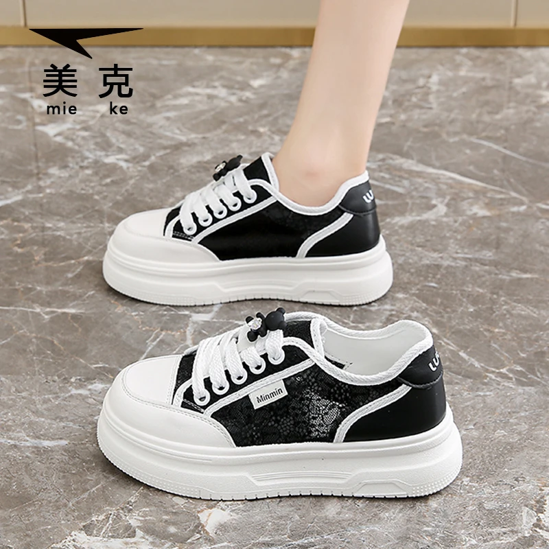美克夏季网面透气鞋子女2025新款蕾丝镂空厚底轻便板鞋休闲小白鞋