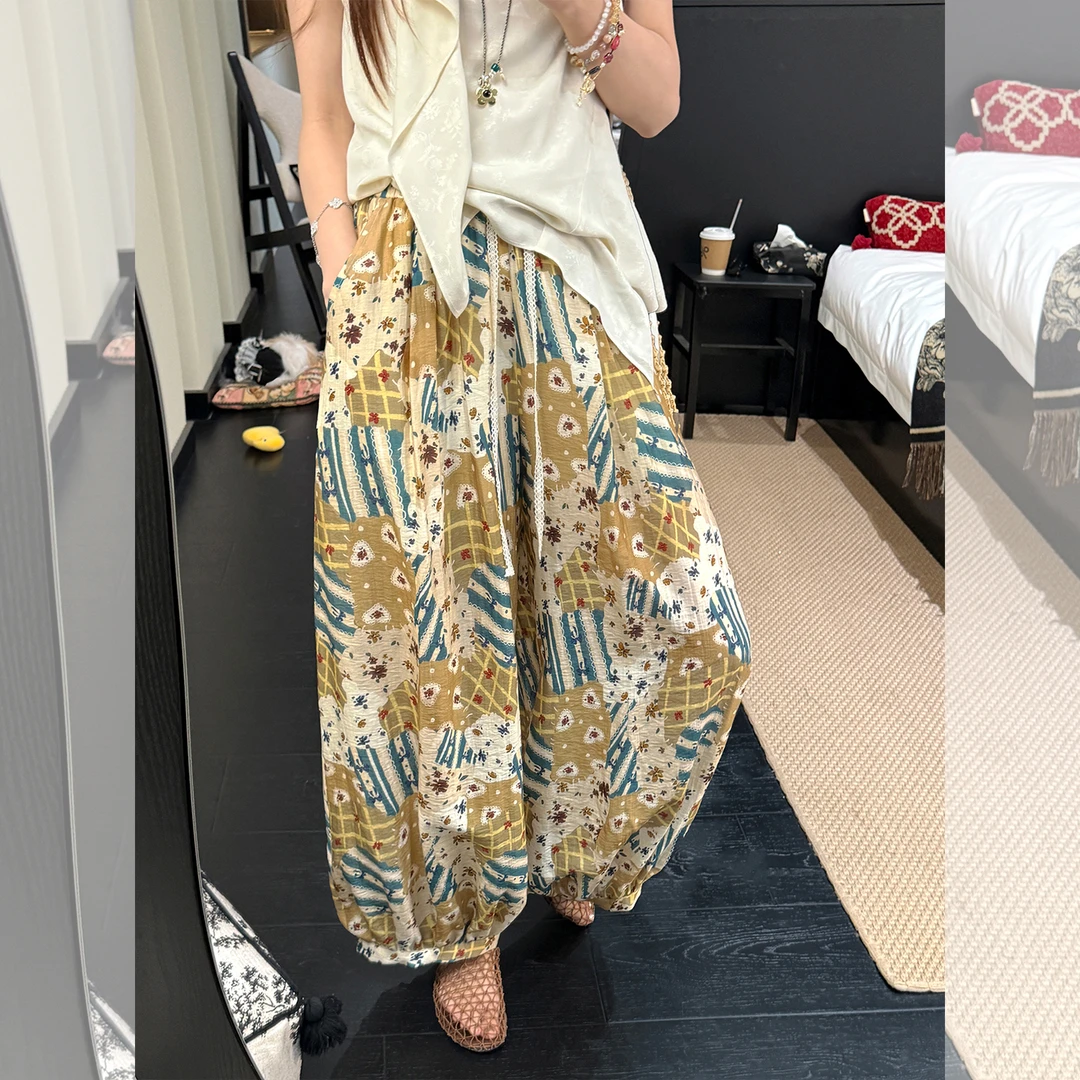 张涩涩25夏 "童趣顽童"盛夏治愈系色彩 亚麻天丝印花松弛感灯笼裤