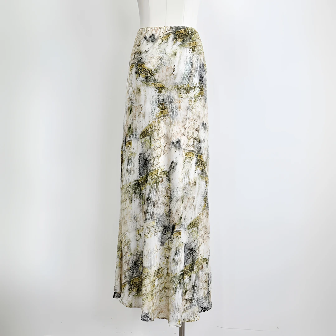 设计师自留款印花松紧腰斜纹长裙壁画裙