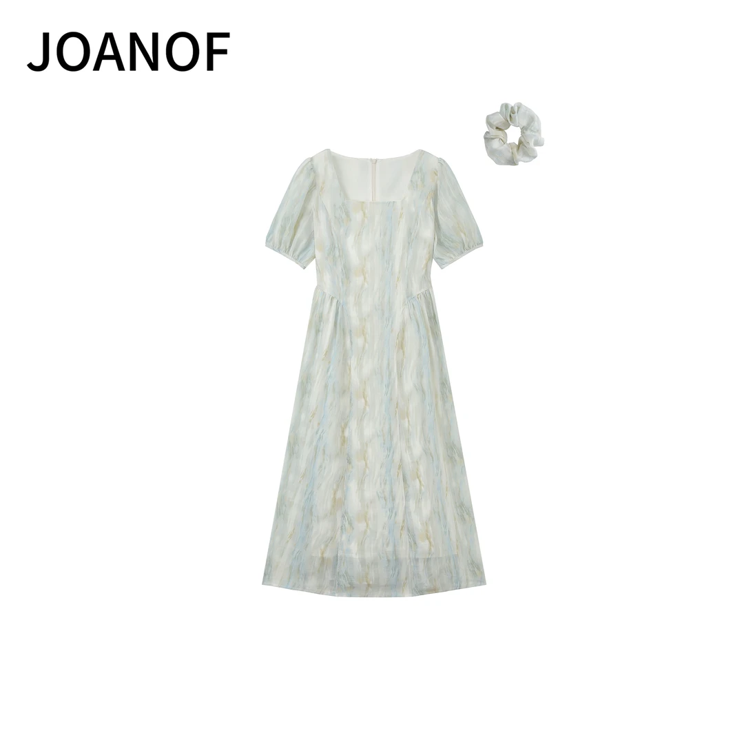 JOANOF25新款U领中腰短袖连衣裙小清新泡泡袖中长裙A25W0078-S