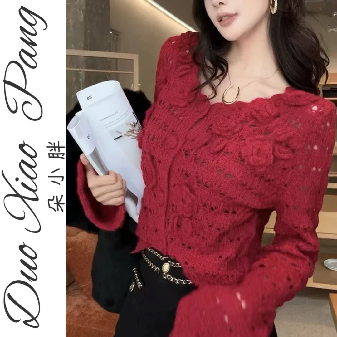 小朵家大码复古立体钩花镂空上衣女秋冬穿搭绝美巨好看圣诞红色