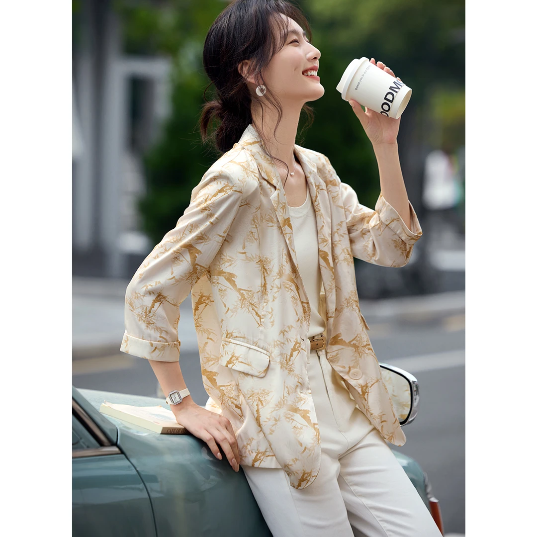 XWI/欣未2025夏款竹叶印花通勤百搭七分袖印花西装外套女4B001