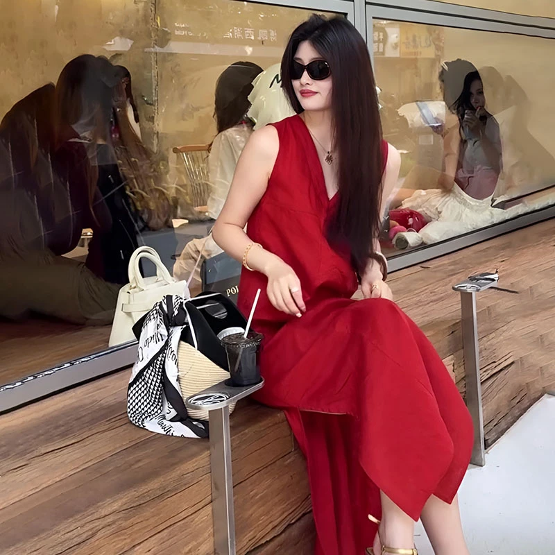 法式红色亚麻无袖连衣裙女2025新款夏季高级感宽松气质背心长裙子
