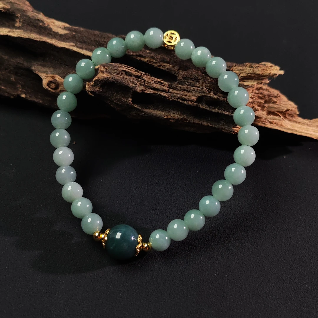 【华之京】蓝水翡翠圆珠手串 素圈6mm转运珠手串天然 H3353