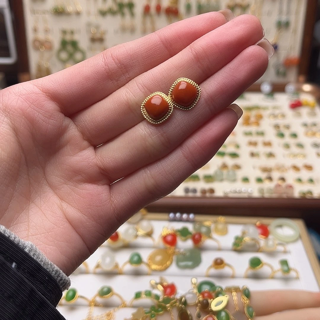 和田玉银S925镀金镶嵌耳饰