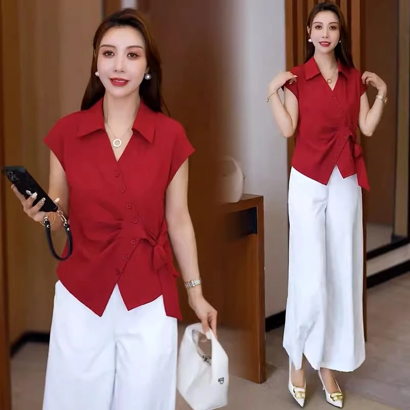 时尚气质套装女2025夏季新款设计感洋气减龄显瘦衬衫阔腿裤两件套