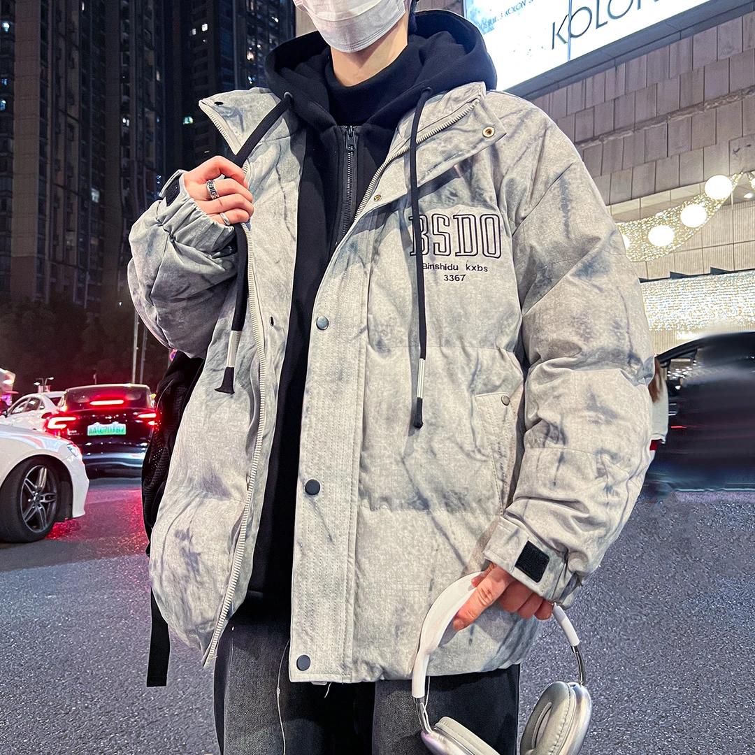 美式扎染棉衣外套男冬季假两件加厚保暖棉服男潮牌宽松青少年棉袄