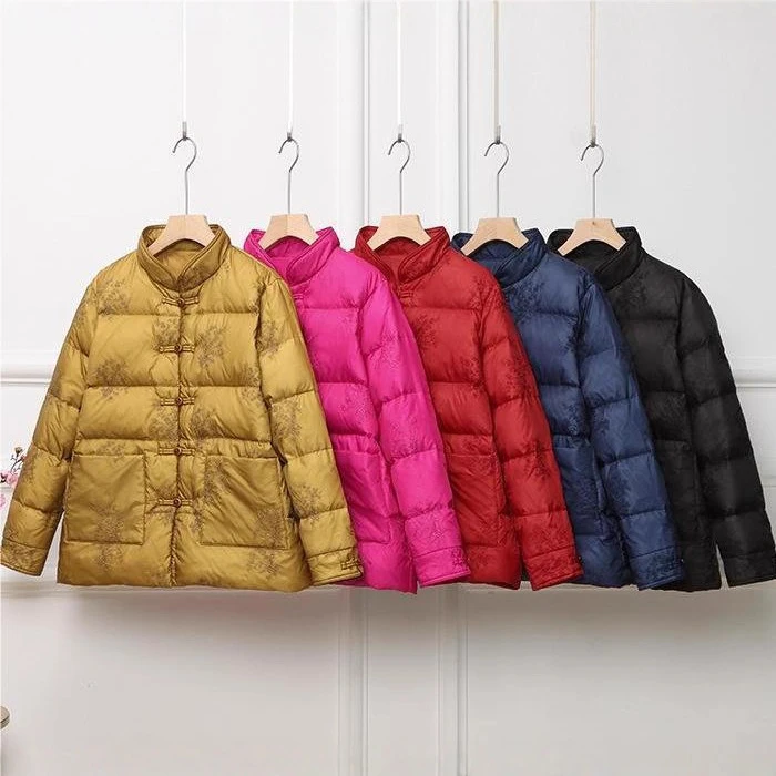 中国风绣花复古羽绒服外套女短款轻薄立领羽绒服中式盘口民族风