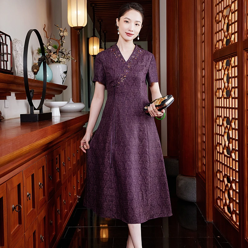 【紫檀】气质显瘦复古夏季紫色A版中式修身气质中国风连衣裙W25642