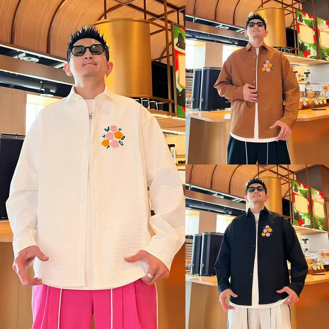 青春活力百搭时尚宽松泡泡格肌理感潮流帅气花卉刺绣设计男士衬衫