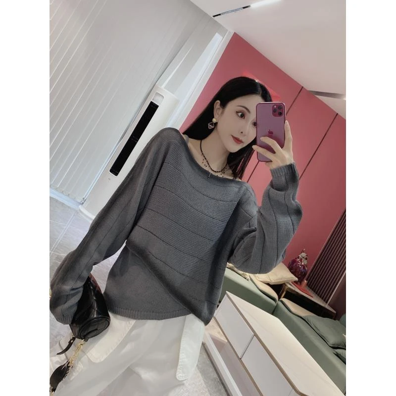 Q【喷绘工艺】晕染一字领针织上衣+背心两件套1393