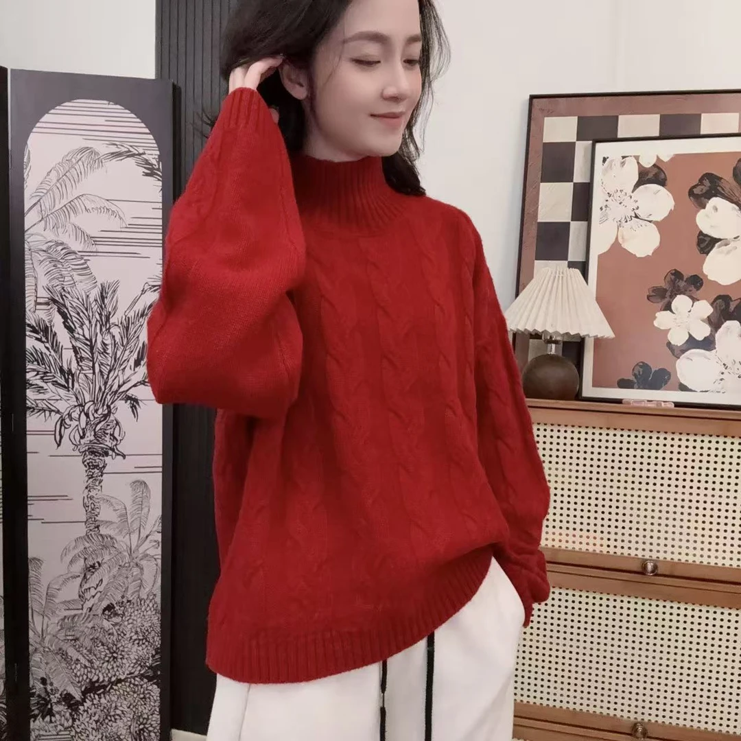 相菲一冬季羊毛半高领宽松落肩袖百搭麻花绵羊毛时尚上衣女装